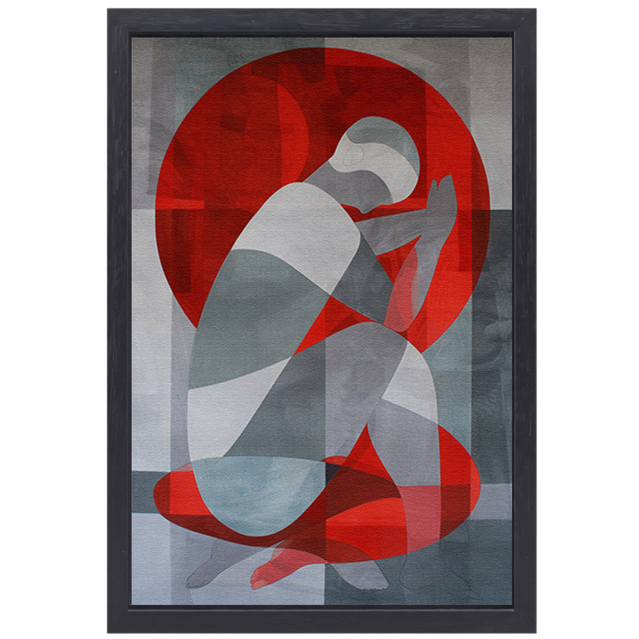 Abstracte kunst van geknielde persoon in cirkel canvas met baklijst
