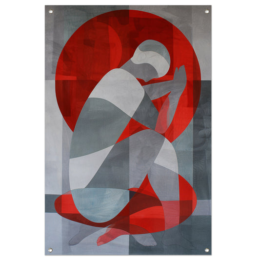Abstracte kunst van geknielde persoon in cirkel tuinposter