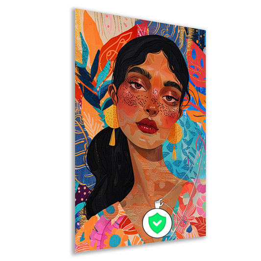 Kleurrijk portret van een vrouw met bloemen en abstracte vormen poster