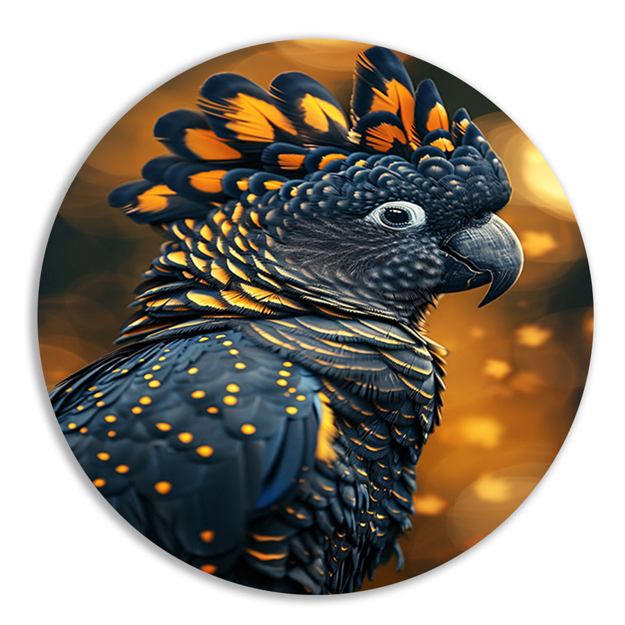 Blauwe vogel met gele accenten aluminium muurcirkel