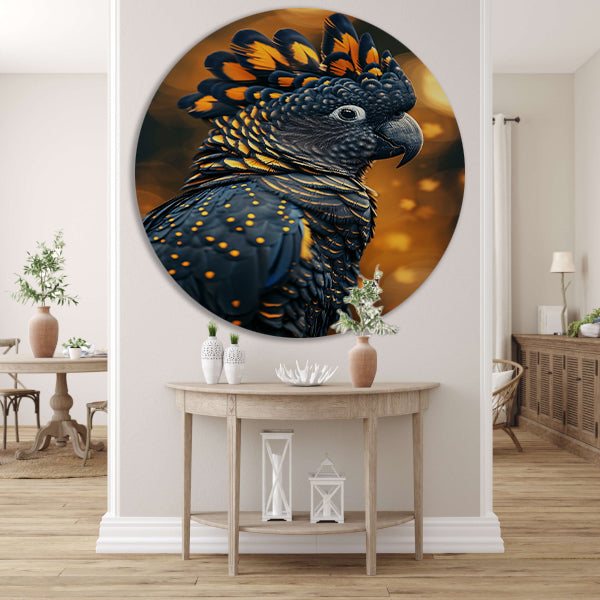 Blauwe vogel met gele accenten aluminium muurcirkel