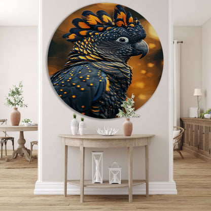 Blauwe vogel met gele accenten aluminium muurcirkel