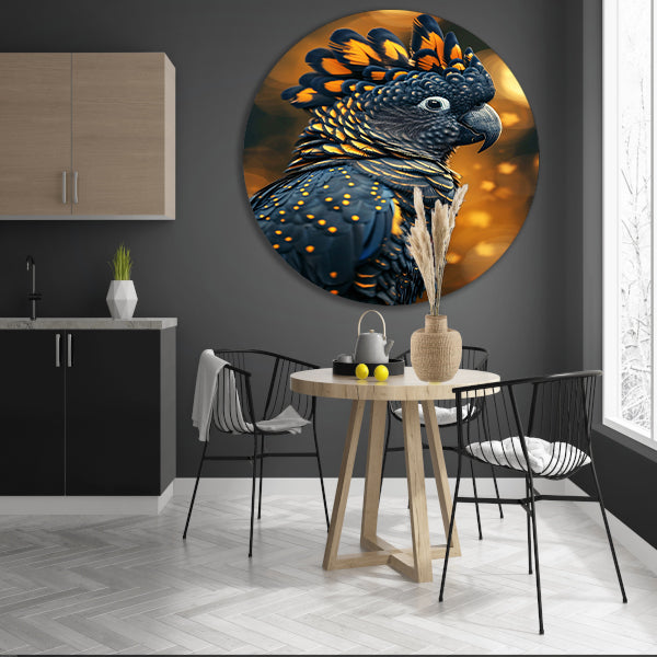 Blauwe vogel met gele accenten aluminium muurcirkel