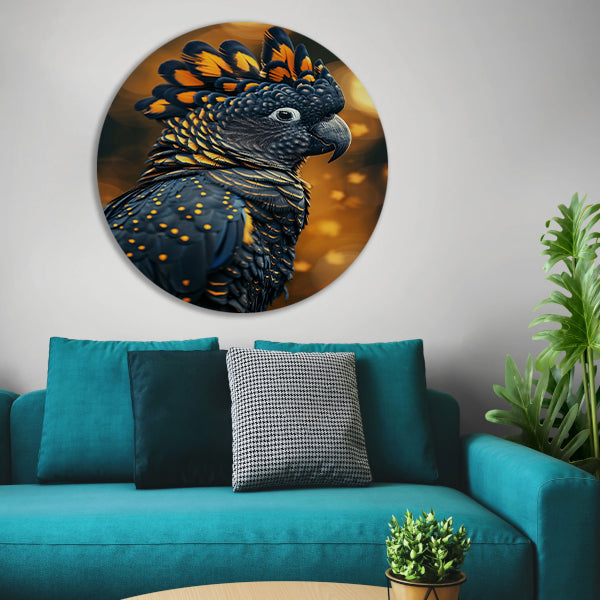 Blauwe vogel met gele accenten aluminium muurcirkel