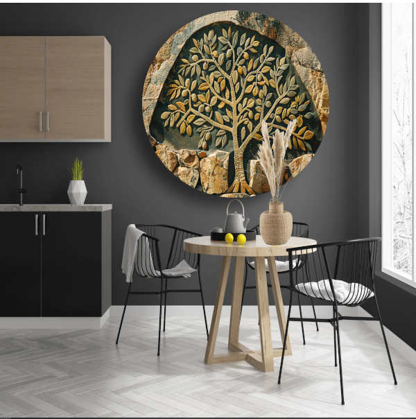Minimalistische stenen boom aluminium muurcirkel