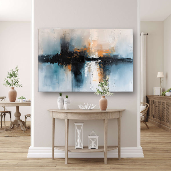Abstracte stadsgezicht schilderij met dynamische kleuren poster