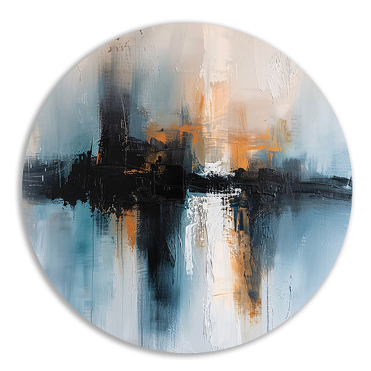 Abstracte stadsgezicht schilderij met dynamische kleuren aluminium muurcirkel