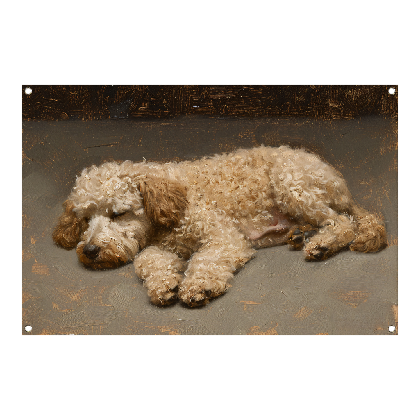 Schilderij van slapende hond in impressionistische stijl tuinposter