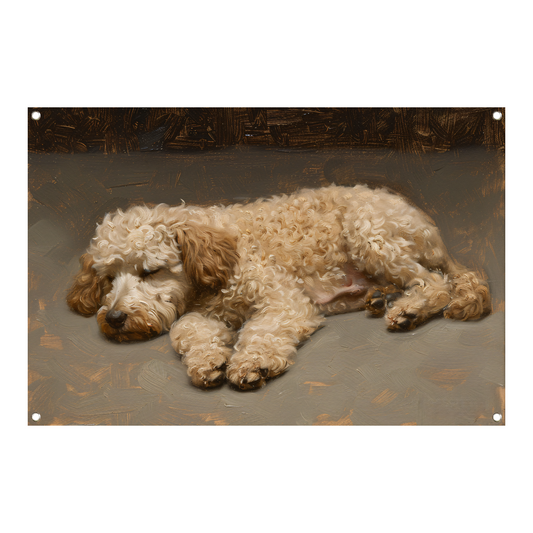 Schilderij van slapende hond in impressionistische stijl tuinposter
