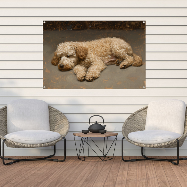 Schilderij van slapende hond in impressionistische stijl tuinposter