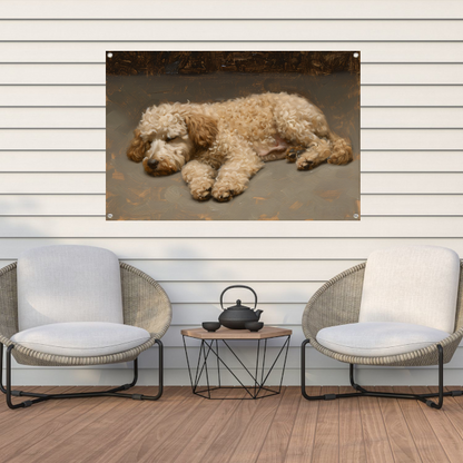 Schilderij van slapende hond in impressionistische stijl tuinposter