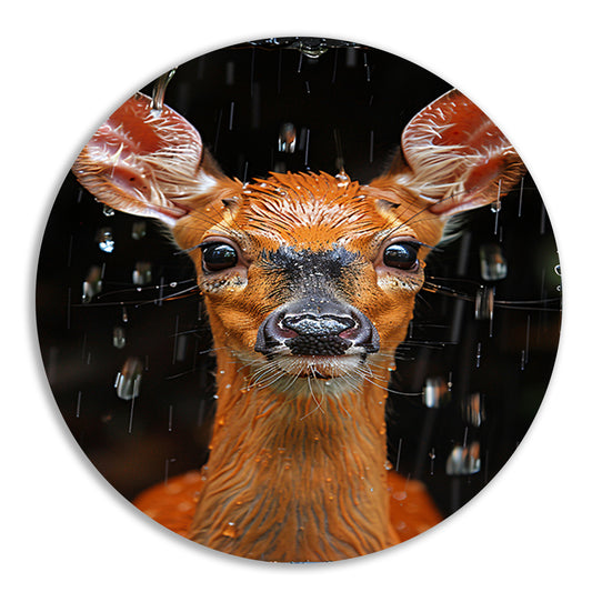 Portret van een hert in de regen aluminium muurcirkel