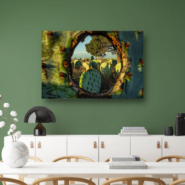 Close-up van cactus met landschap poster