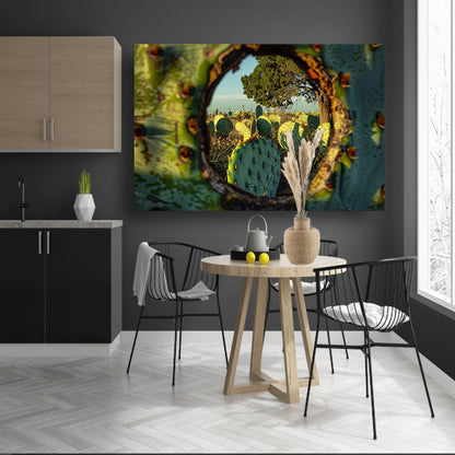 Close-up van cactus met landschap poster