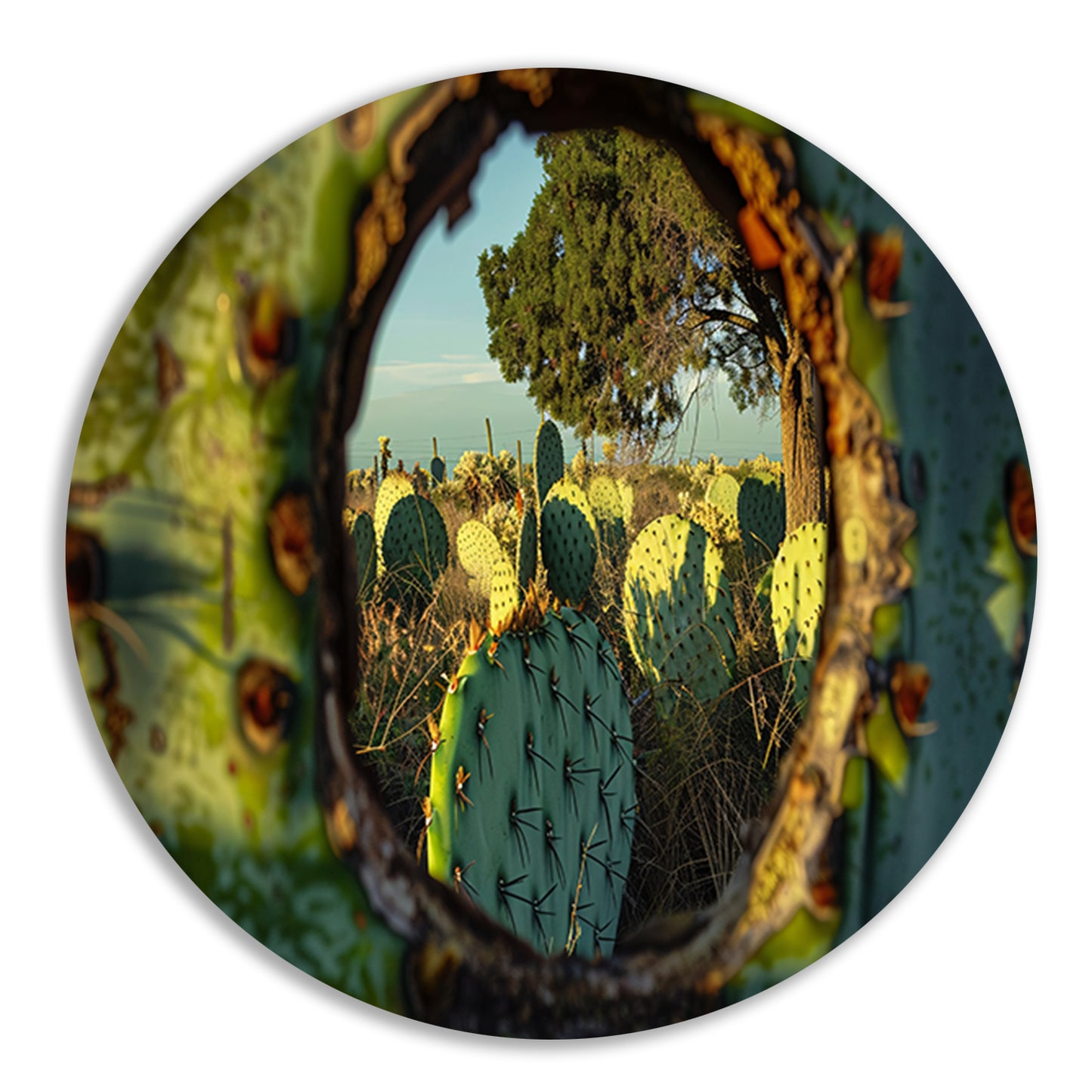 Close-up van cactus met landschap aluminium muurcirkel