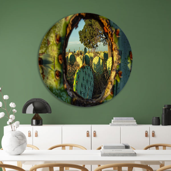 Close-up van cactus met landschap aluminium muurcirkel