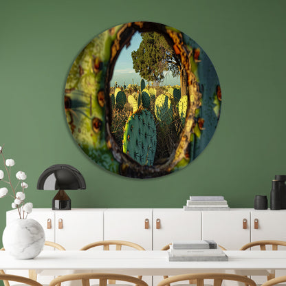 Close-up van cactus met landschap aluminium muurcirkel