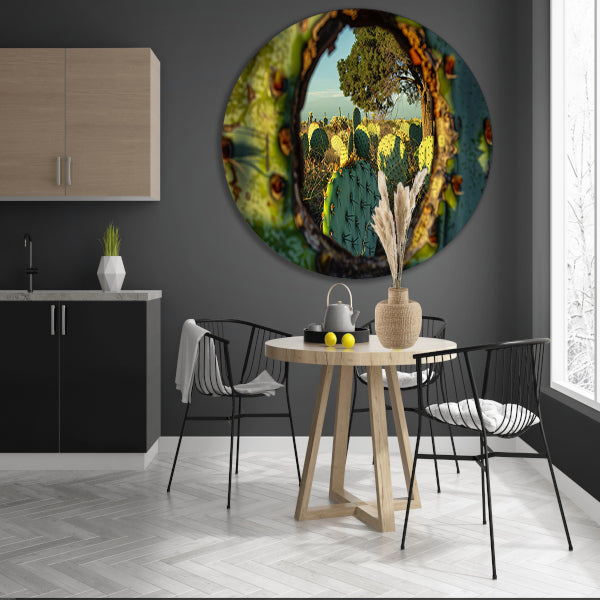 Close-up van cactus met landschap aluminium muurcirkel