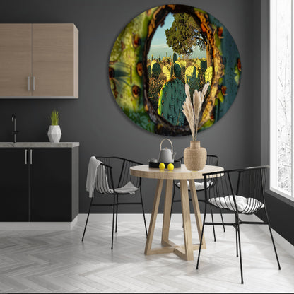 Close-up van cactus met landschap aluminium muurcirkel
