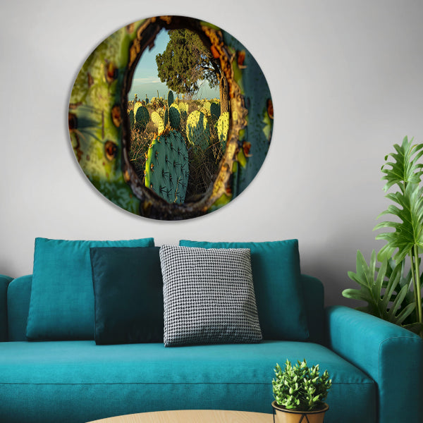 Close-up van cactus met landschap aluminium muurcirkel