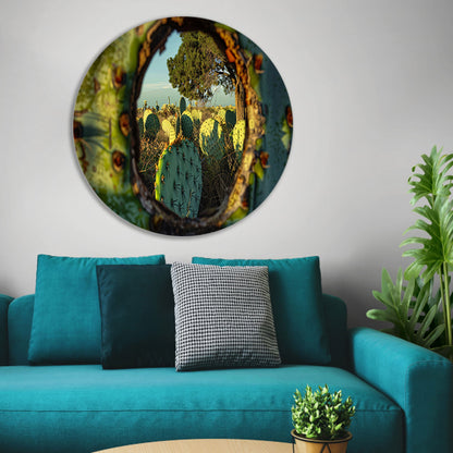 Close-up van cactus met landschap aluminium muurcirkel