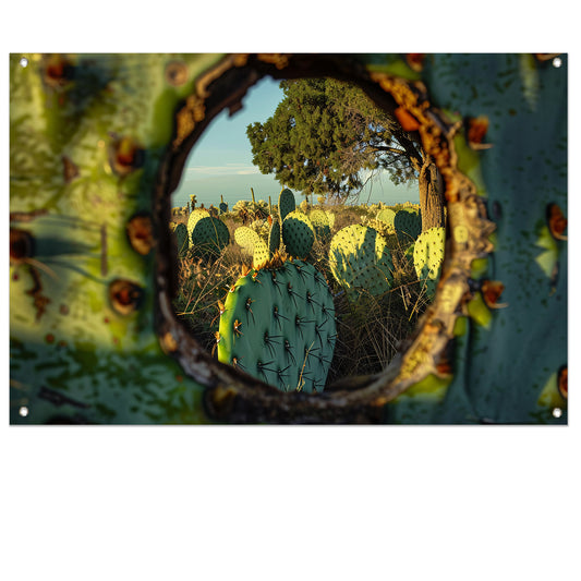 Close-up van cactus met landschap tuinposter