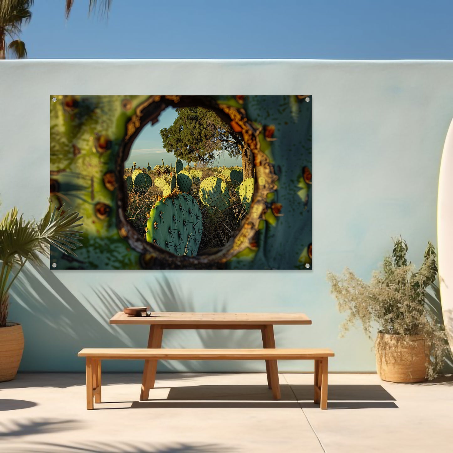 Close-up van cactus met landschap tuinposter