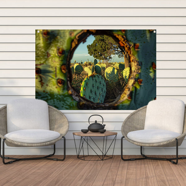 Close-up van cactus met landschap tuinposter
