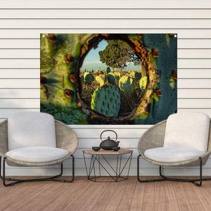 Close-up van cactus met landschap tuinposter