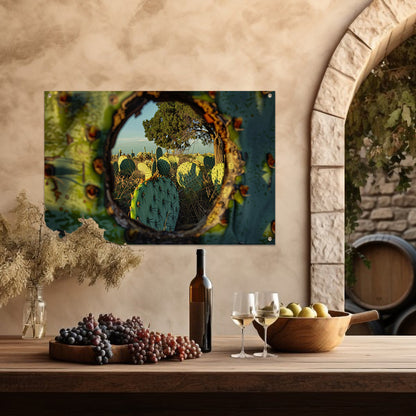 Close-up van cactus met landschap tuinposter