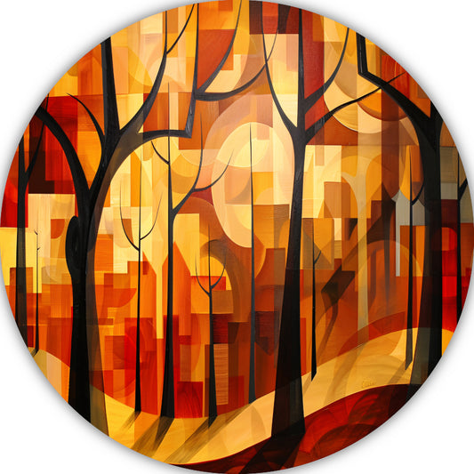 Stedelijke bomen in abstracte herfstkleuren aluminium muurcirkel