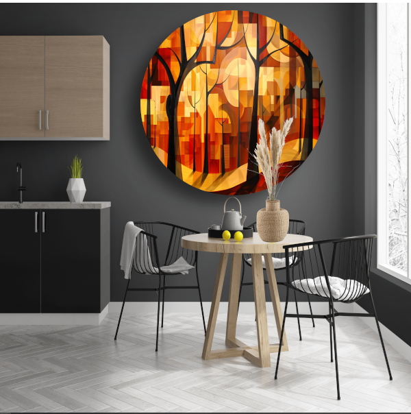 Stedelijke bomen in abstracte herfstkleuren aluminium muurcirkel