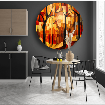 Stedelijke bomen in abstracte herfstkleuren aluminium muurcirkel