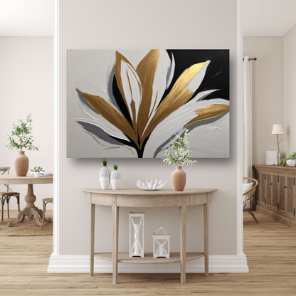 Gouden Bloesem op Abstract Wit canvas met baklijst