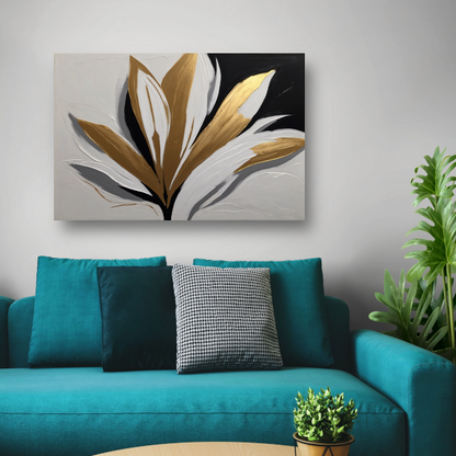Gouden Bloesem op Abstract Wit canvas met baklijst