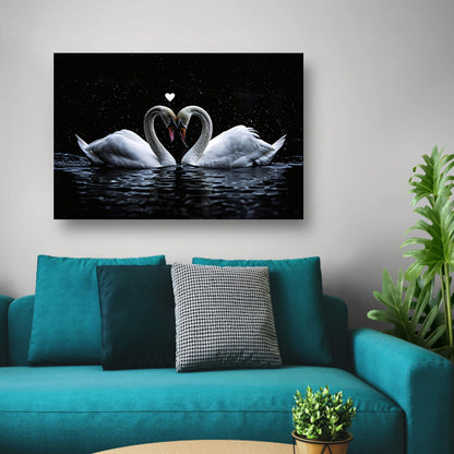 Twee zwanen vormen een hart in water canvas met baklijst