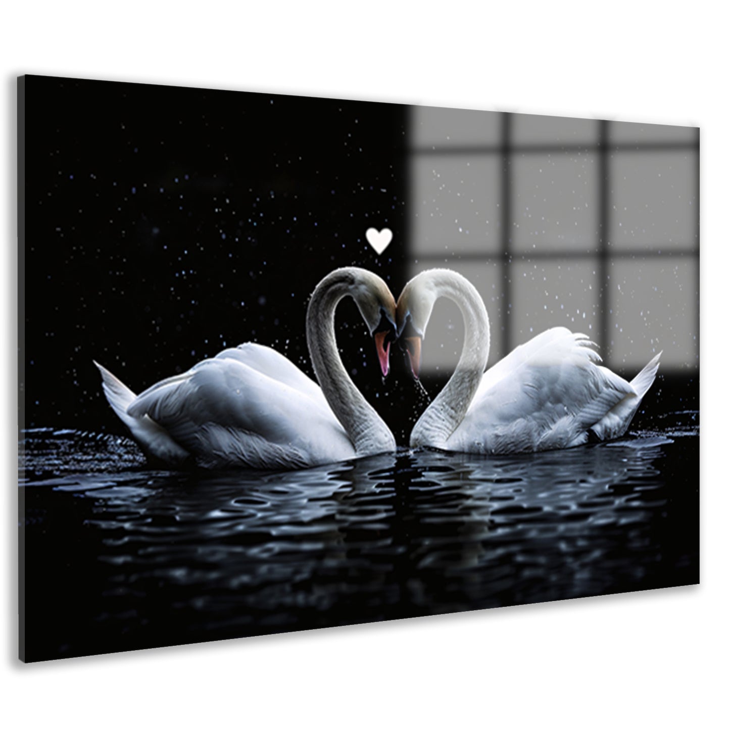 Twee zwanen vormen een hart in water acrylglas