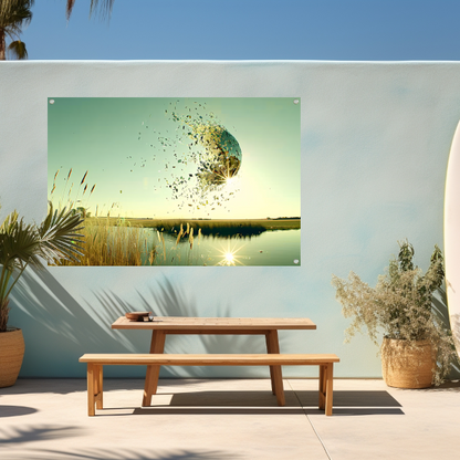 Zwevende wereldbol boven water tuinposter