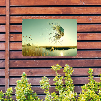 Zwevende wereldbol boven water tuinposter