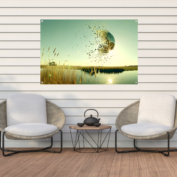 Zwevende wereldbol boven water tuinposter