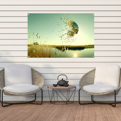 Zwevende wereldbol boven water tuinposter
