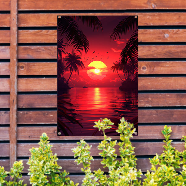 Tropische zonsondergang met palmbomen tuinposter