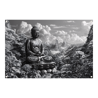 Serene Boeddha in monochroom berglandschap tuinposter