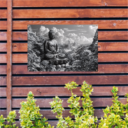 Serene Boeddha in monochroom berglandschap tuinposter