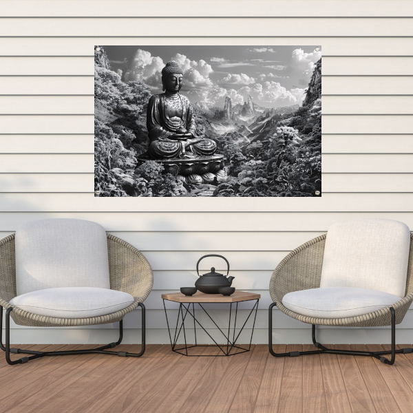 Serene Boeddha in monochroom berglandschap tuinposter