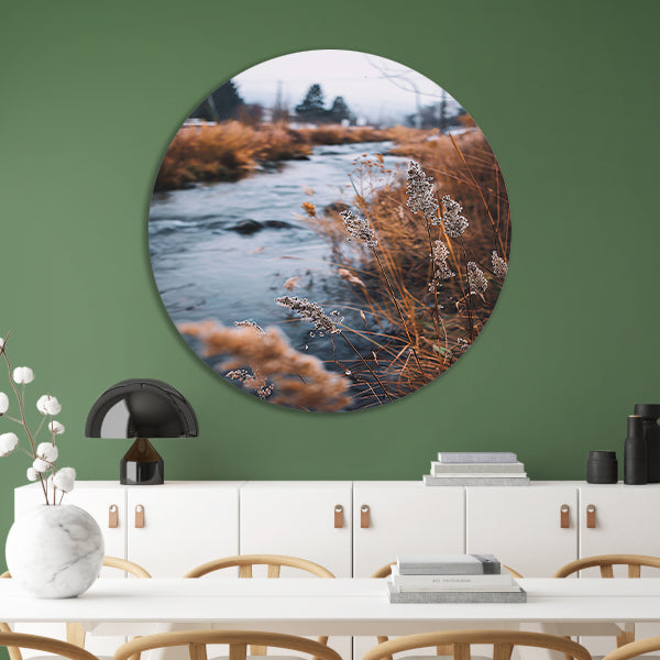 Herfstlandschap met rivier aluminium muurcirkel