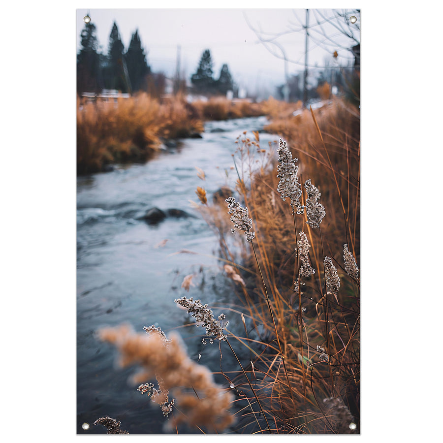 Herfstlandschap met rivier tuinposter