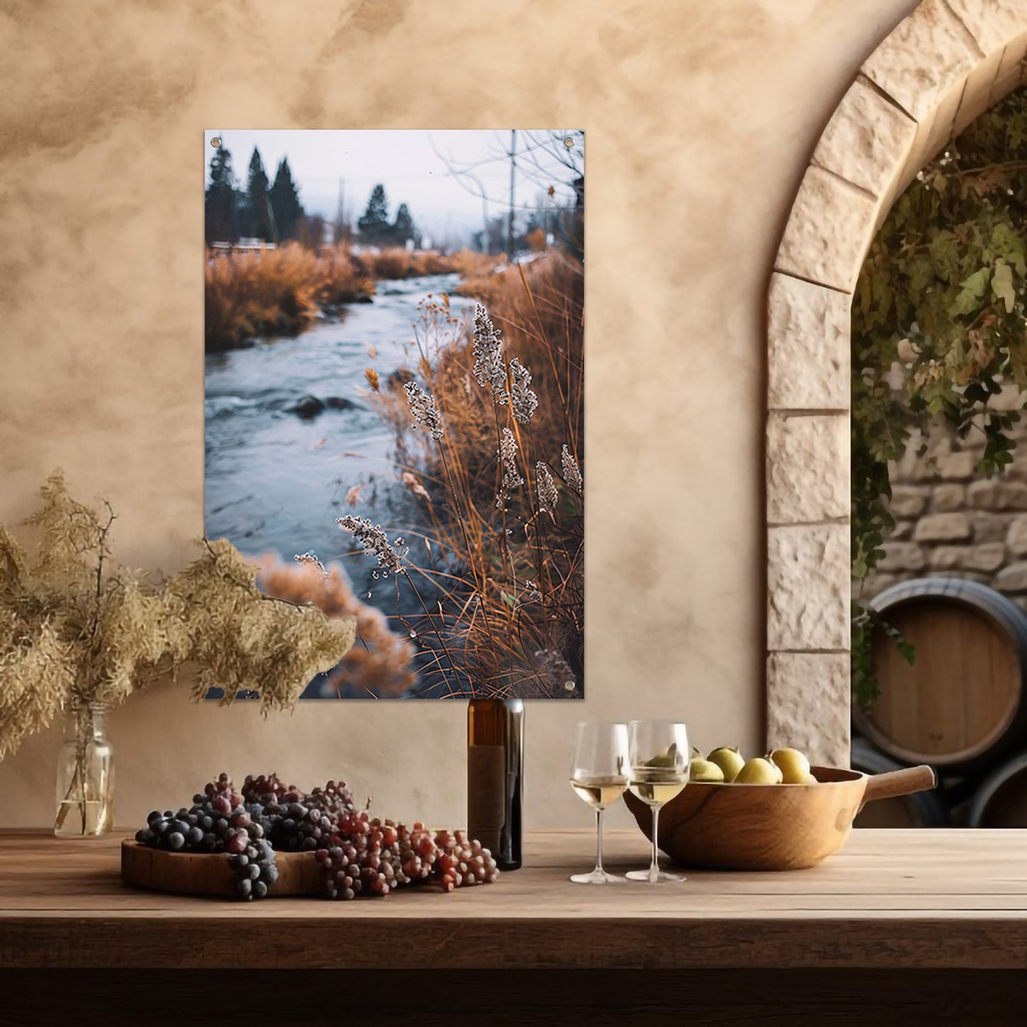 Herfstlandschap met rivier tuinposter