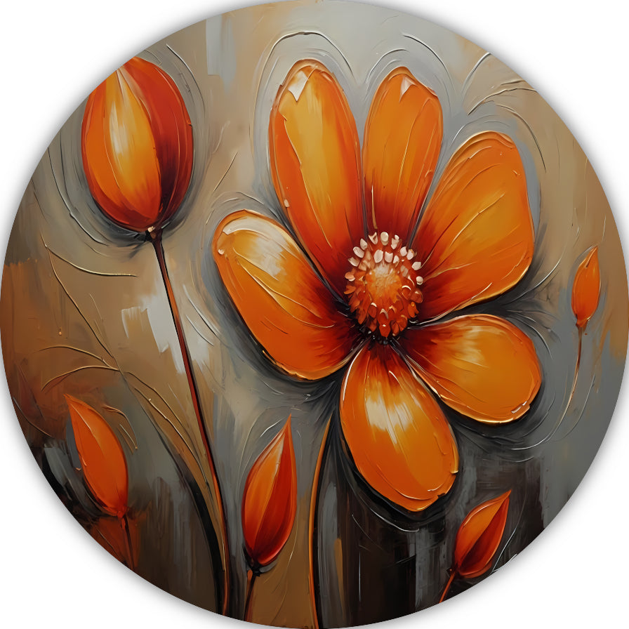 Oranje Bloem Impressie in Olieverf aluminium muurcirkel