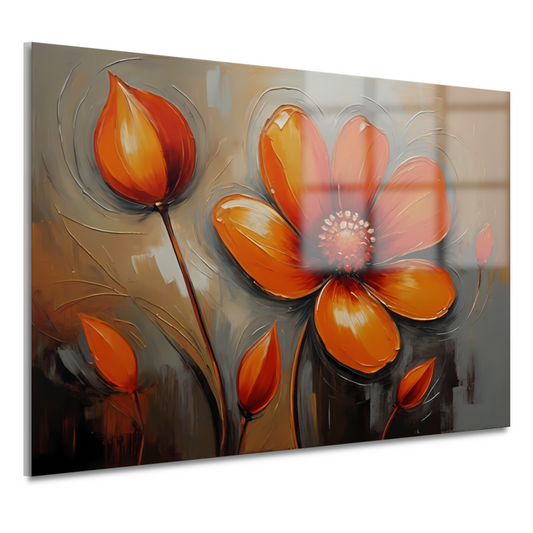 Oranje Bloem Impressie in Olieverf acrylglas